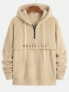 2 件男士纯色羊毛半拉链连帽衫，配有撞色抽绳和刺绣字母，休闲街头时尚装扮，秋冬 - 卡其色 - 查看 7