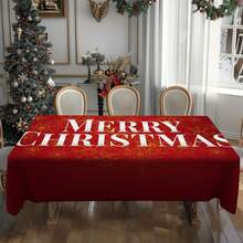 1pc Christmas Red & Gold Snowflake Letter Rectangular Tablecloth, Holiday Dining Table Decor, Suitable For Family Gatherings, Living Room, Dining Room, Christmas Themed Events, Durable Polyester Fabric