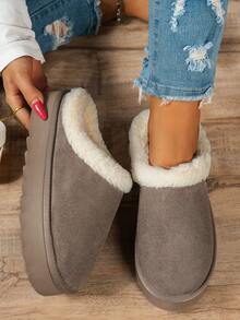 Herbst/Winter weiche, plüschige, warme, leise, dicksohlige, geschlossene Pantoffeln mit mittlerem Absatz für Teenager, Mädchen Mode einfache, vielseitige, lässige Slip-On Pantoffeln