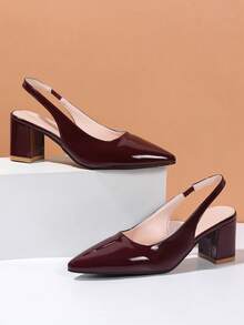 Zapatos de tacón alto con punta puntiaguda y sin talón de cuero patentado burdeos, bombas elegantes de tacón grueso vintage, adecuados para diversas ocasiones como banquetes, otoño, bodas, oficina y moda