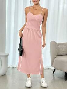Conjunto falda 2 piezas de lino para mujer con color liso y estampado de rayas de moda para uso casual - Rosa - Ver 2