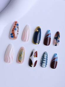 24 piezas de uñas postizas con forma de almendra en caja de regalo. Incluye diseños de moda con elementos múltiples, pintados a mano, con patrones de cocodrilo verde, ondas de agua blanca, degradado de polvo dorado y estrellas. Ideales para uso diario, fiestas, viajes y ocasiones especiales. Viene con pegamento de gelatina y una lima.