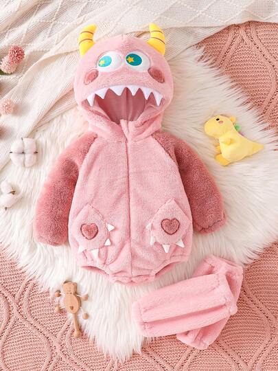 Baby Girls Cute Monster Design Baby Bodysuit + Sock Set, Cartoon Hooded Outfit For Autumn/Winter