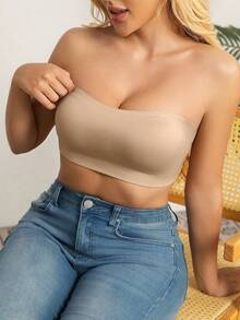 Women's Strapless Wireless Push-Up Camisole Bra With Removable Pads And Side Clasps - Seamless Comfort, No Wires, Solid Colors, Elegant Design, Perfect For Everyday And Special Occasions, Strapless Underwear, Comfortable Push-Up Effect, Premium Underwear - 駝色 - 查看 6