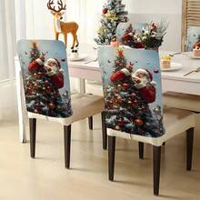 1pc/4pcs/6pcs/10pcs Christmas Santa Claus Printed Plush Chair Cover, Removable Short Plush Fabric Chair Slipcover With Snowflake & Bird Pattern, Suitable For Dining Room, Living Room, Office, Hotel And Home Decor