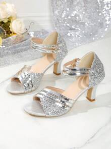 2025 Neue Pailletten-Oberteil glänzende & bequeme Damen High Heel Sandalen. Offene Zehenform. Modische Strandparty Damen High Heels. Silber High Heels. Gold High Heels. - Silber - Übersicht 3