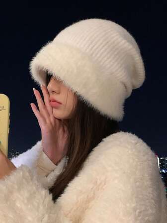 1 件女式针织帽，纯色柔软毛绒边针织帽，2025 新款休闲优雅街头时尚百搭便帽，适合户外、滑雪、骑自行车、旅行、派对、秋冬季日常穿着