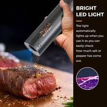 1pc Smart Electric Pepper Grinder. Type-C Charging (Includes 300mAh Lithium Battery). 110ml Large Capacity/LED Light|6 Coarseness Levels Adjustment|Top Filling/Ceramic Grinding Core. Suitable For Grinding Various Spices. Ideal For Kitchen, Outdoor And BBQ Use. An Essential Kitchen Tool.