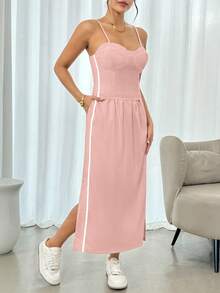 Conjunto falda 2 piezas de lino para mujer con color liso y estampado de rayas de moda para uso casual - Rosa - Ver 1