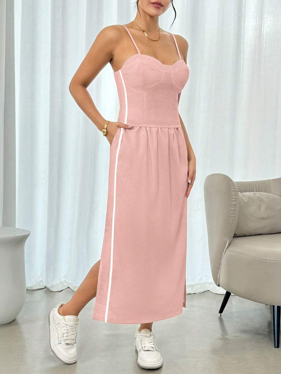 Conjunto falda 2 piezas de lino para mujer con color liso y estampado de rayas de moda para uso casual - Rosa - Ver 1