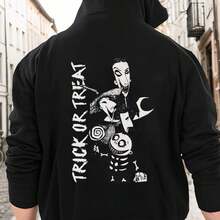 1pc Men'S Casual Cotton Hoodie With Geometric Applique - Nightmare Before Christmas Trick Or Treat Design, Slight Stretch Knit Fabric, Regular Fit Hooded SweaHoodies,Basic Unisex Hoodie Graphic Hoodie - 黑色 - 查看 1