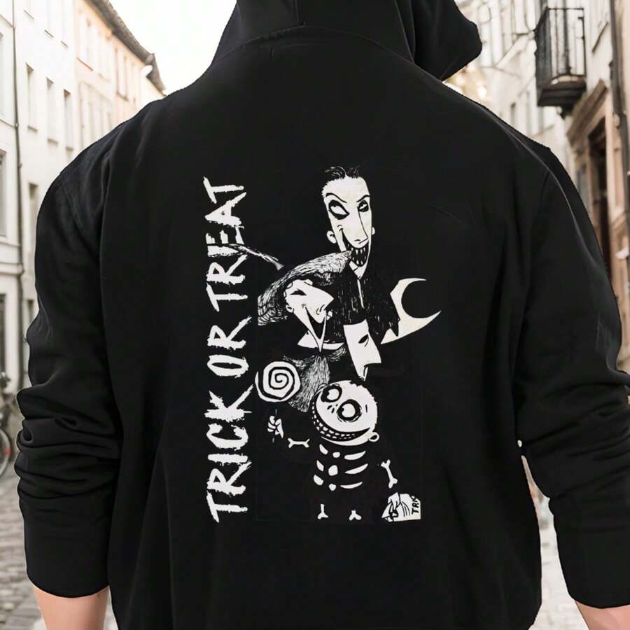 1pc Men'S Casual Cotton Hoodie With Geometric Applique - Nightmare Before Christmas Trick Or Treat Design, Slight Stretch Knit Fabric, Regular Fit Hooded SweaHoodies,Basic Unisex Hoodie Graphic Hoodie - 黑色 - 查看 1