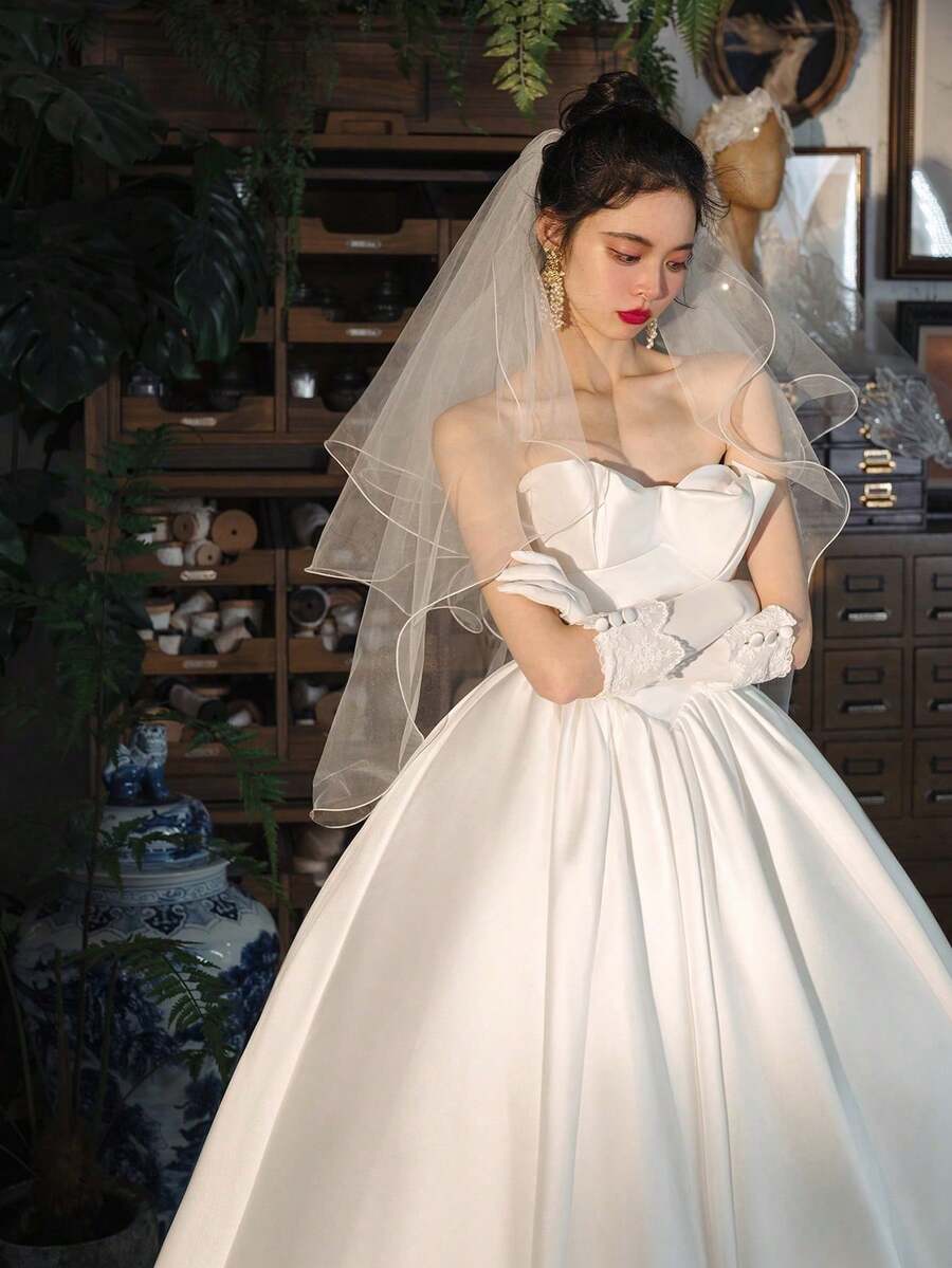 女士派对头饰发饰白色简约婚礼新娘创意双层短款拍照配件头纱连体 - 白色 - 查看 1