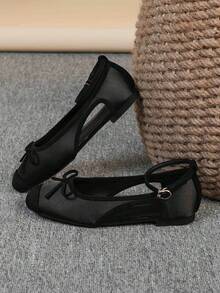 Women's Ballet Flats, Fashionable Square Toe Slip-On Soft Bottom Shoes, Versatile Flat Shoes, Black Hollow Flat Bowknot Loafers, Size Run Large, Plus Size 35-43