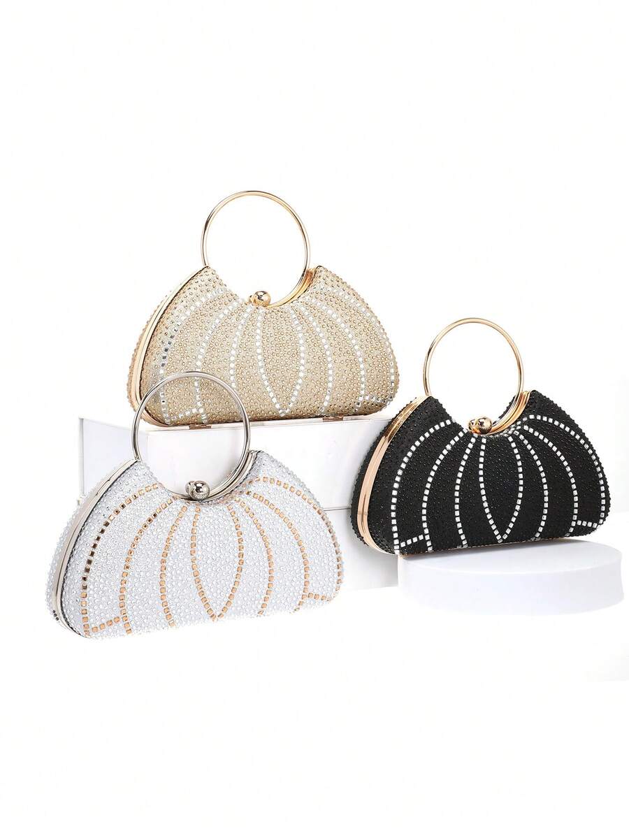 Women's Fashion Round Handle Rhinestone Decorated Evening Bag Tote Party Handbag