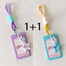 Student Candy-Colored Sliding Cover 3-Inch Card Holder, With Lanyard For Bus/Metro Card, Kids' Idol Card Display Pouch , Back To School Gifts
