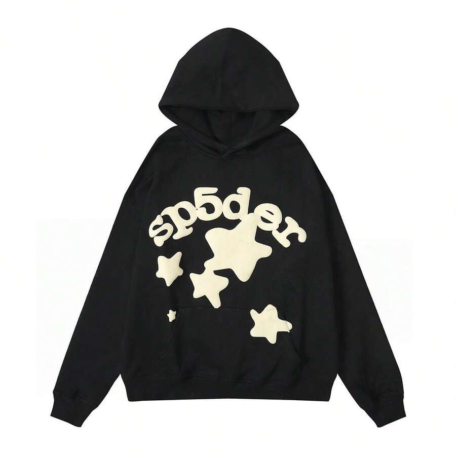 SP5DER 2025 New Simple Long Sleeve, Loose Comfortable Streetwear, Hoodies With  SP5DER Letters And Stars, Simple Fashion,Couple Matching Outfit - 黑色1 - 查看 1
