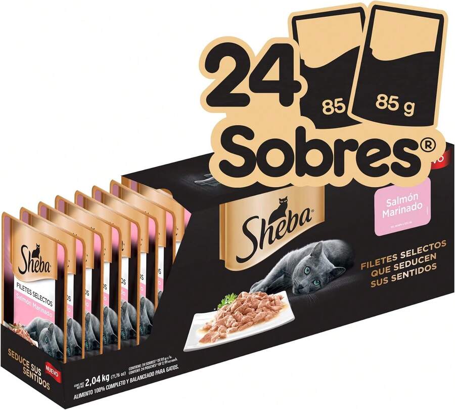 Sheba - Alimento Húmedo para Gato Adulto, Sabor Filetes De Salmón Marinado 85g c\/u. Paquete de 24 Unidades, Sin Colorantes ni Sabores Artificiales - negro - Ver 1