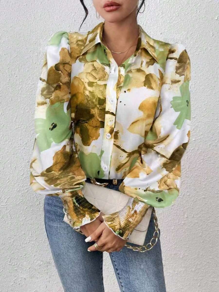 Women's Elegant All-Over Print Front Button Down Vacation Shirt