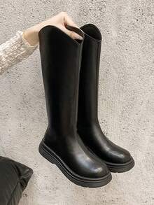 Western Style Side Zipper Holiday Thick Sole 4cm New V-Shaped Women's Autumn/Winter Riding Boots, Suitable For Plus Size Calves, Tall Shaft Boots - Black - View 6