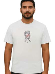 Camiseta manga corta holgada con estampado de moda para hombre de estatua dibujo calavera fácil de combinar Diseño exquisito *muestra tu estilo* - Blanco - Ver 4