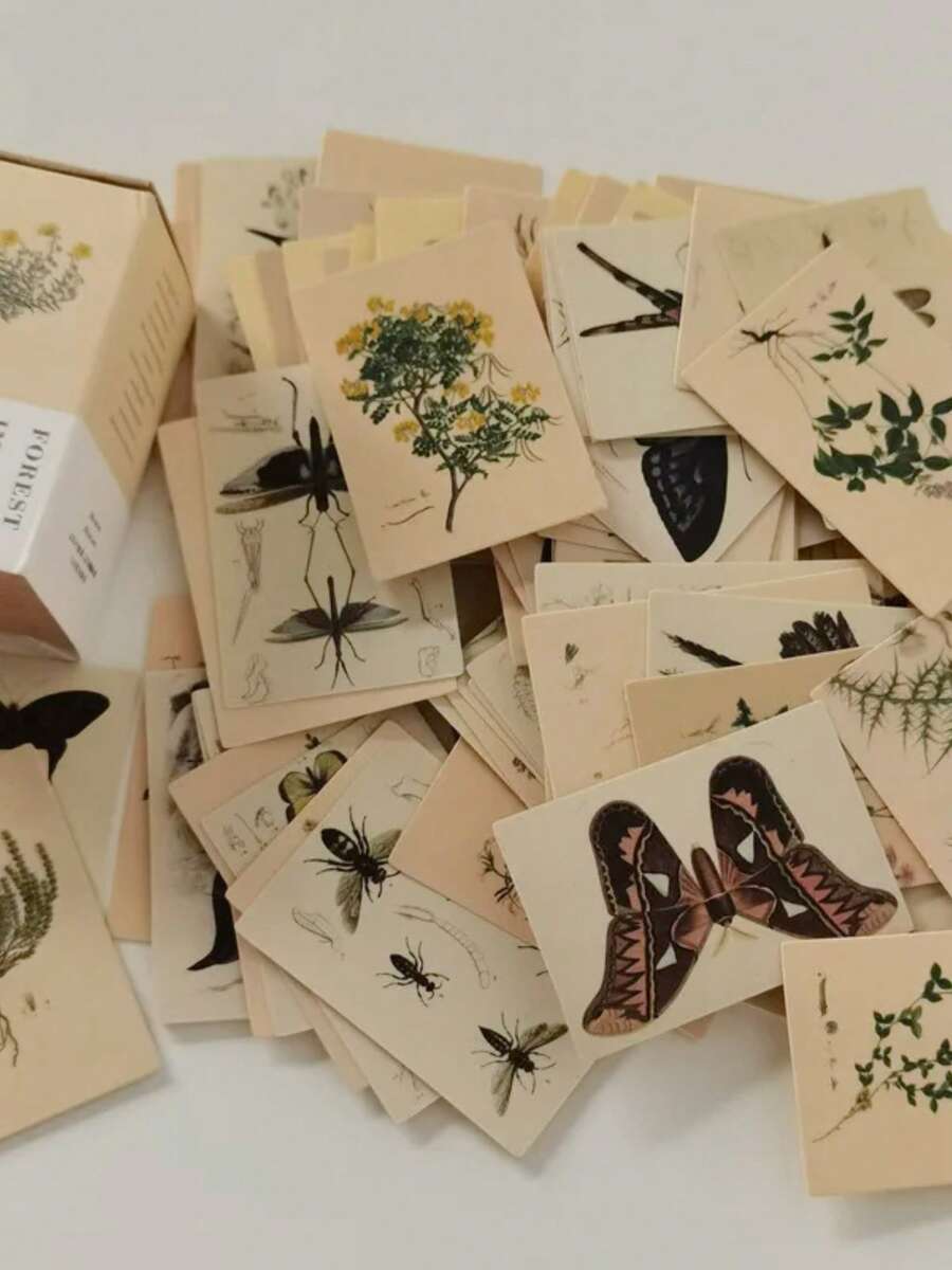 100pcs/Pack Vintage Forest Animal & Insect Mini Memo Notes, Double-Sided Decorative Paper, Scrapbooking Supplies, School Stationery, Retro English Phrases, Floral, Butterfly, Journaling, DIY Background Material - Multicolor - View 1