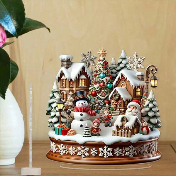 1 pieza Decoración de escritorio plana de acrílico vintage 2D - Escena de pueblo invernal con Papá Noel, muñeco de nieve y árbol festivo - No se necesita electricidad, decoración navideña ligera para mesa, estantería o regalo de cumpleaños