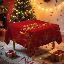1pc Christmas Red & Gold Snowflake Letter Rectangular Tablecloth, Holiday Dining Table Decor, Suitable For Family Gatherings, Living Room, Dining Room, Christmas Themed Events, Durable Polyester Fabric
