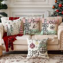 4 buc. fețe de pernă de Crăciun, material textil moale din poliester, stil modern, cu model cu reni și Moș Crăciun, imprimare pe o singură față cu fermoar, lavabilă la mașină, decor pentru casă și dormitor (inserția de pernă nu este inclusă)