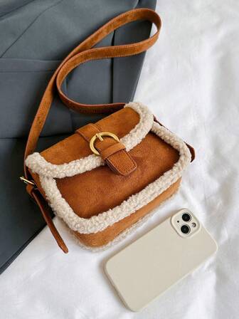 1pc Mini Fuzzy Deer Suede Plush Trim Flap Magnetic Closure Small Square Shoulder Bag, Warm Winter