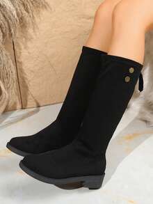 女士秋冬新款仿麂皮面料黑色及膝靴，后拉链设计复古简约个性舒适圆头粗跟及膝靴，时尚百搭正装靴细靴 - 黑色 - 查看 6