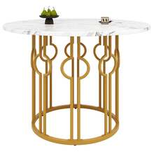Round Dining Table (76cm), Kitchen Table, Round Coffee Table For 4 People, Suitable For Dining Room, Living Room, Metal Table Legs, MDF Marble Table Top, Gold Legs