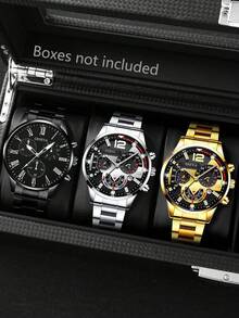 3 件/6 件套装男士时尚圆形表盘石英表，锌合金表壳，不锈钢表带，电池供电，不可充电，适合情人节、复活节、斋月、生日、圣诞节礼物 - 彩色 - 查看 8