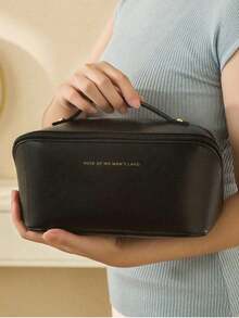 1pc Large Capacity Double-Layer Makeup Bag, Portable Travel Cosmetic Organizer, PU Leather Waterproof Makeup Case, Multi-Functional Toiletry Bag With Compartments, Travel Essentials, Cruise Essentials, Dorm Essentials, Gift For Friends And Family, Autumn Decor