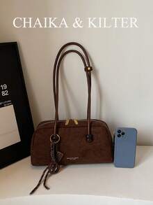1 件 CHAIKA & KILTER 纯色亮面 PU 面料单肩包，女士时尚大容量保龄球包，双手柄设计带拉链开合，适合日常和户外使用（与吊坠一起出售）