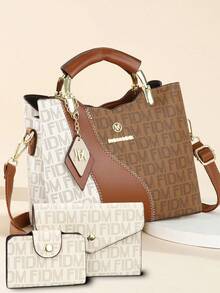 三件套母女同款包包，经典大容量女士休闲手提包，高端优雅女士提花单肩包 - 棕色 - 查看 9