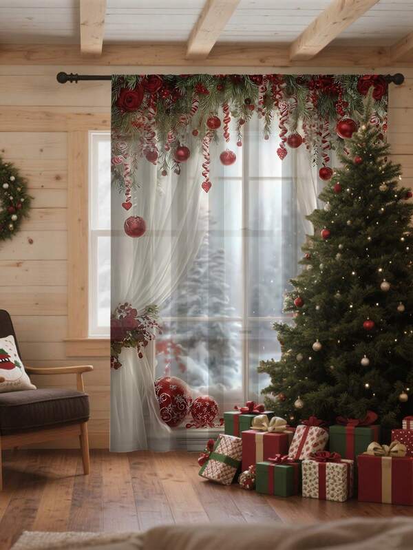 1 Stück Weihnachten Neue Weihnachtskugel Weihnachtselement Muster Hochwertige Dekorative Vorhangstange, Ganzjährig Universell Einsetzbar, Für Außen, Pavillons, Schlafzimmer, Küche, Büro, Arbeitszimmer, Wohnzimmer - Halbtransparente Fenstervorhänge (100g Stoffgewicht)