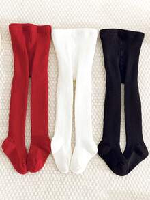 3pcs Girls' Solid Color Leggings, Thermal Lined, Soft & Comfortable, Suitable For Autumn/Winter; Young Girls' Vertical Striped Thermal Tights, Suitable For Daily Wear