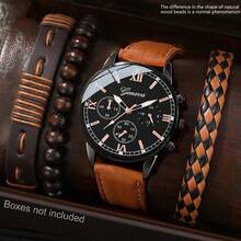Bộ 1 đồng hồ nam thể thao thường ngày, mặt số La Mã tròn, dây da, thích hợp đeo hàng ngày, làm quà sinh nhật, quà tựu trường, quà Lễ Tạ ơn, quà lãng mạn, món quà hoàn hảo (Không bao gồm hộp đồng hồ) - màu nâu - Xem 5