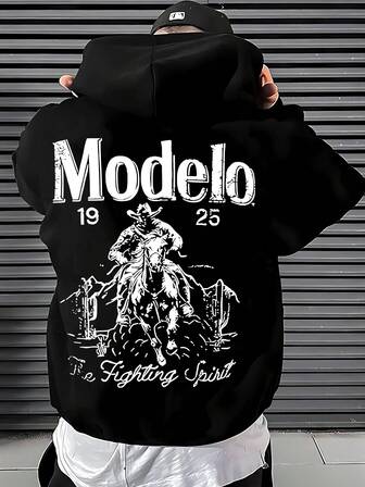Men's Autumn Winter Black Hooded Sweatshirt With Drawstring And Pocket, "Modelo The Fighting Spirit" Graphic Print - AutumnTrends - Polyester Soft Casual Hooded Sweatshirt, Fall Wear SkateOutfitIdeas, ElegantCasual, Streetwear Essential, Western - Themed Daily Pullover