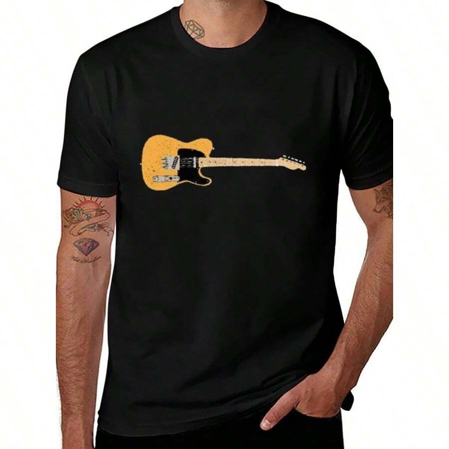 Merle Haggard Butterscotch Telecaster Electric Guitar Comfortable Cotton Mens Round Neck Short Sleeves T-Shirt, 180g, Guitar, CottonPattern Print Cotton Crew Neck T-Shirt Gift - 黑色 - 查看 1