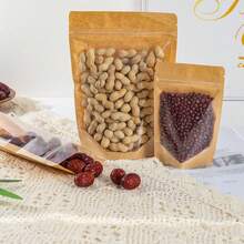 50个棕色牛皮纸袋，正面透明拉链设计，可重复使用密封袋，适用于坚果、咖啡、茶、糖果、食品储存包装、厨房配件、厨房必需品、食品储存组织、厨房储存 - 棕色 - 查看 11