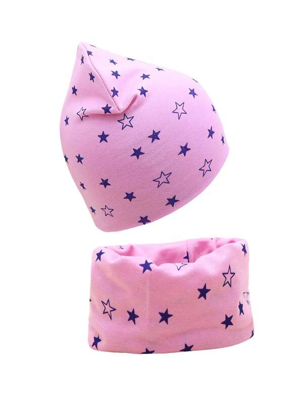 2 sztuki/zestaw dla małych dziewczynek, czapka beanie z nadrukiem w gwiazdy i szalik, dzianinowy nakrycie głowy i ocieplacz na szyję na jesień/zimę/wiosnę