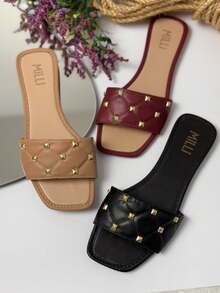 Renata Milli Milli Elegant Women's Flat Beach Sandals Elegant PU Appliques Spikes Studs Beach Summer - 黑色 - 查看 5