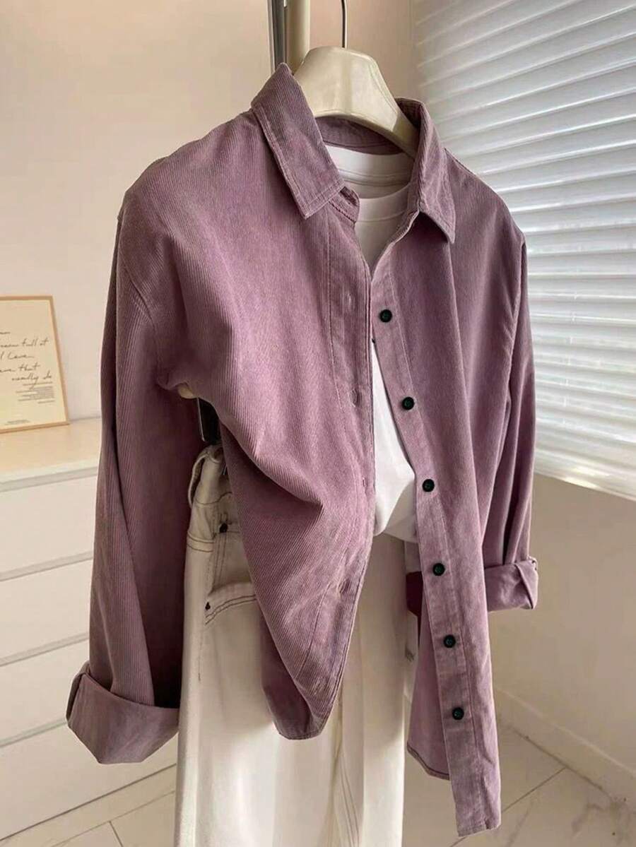 Damen Herbst Cord Einfarbiges Knopfhemd Frühling - Violett - Übersicht 1