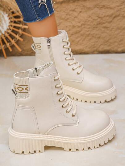 1 Paar Damen Herbst/Winter Mode Stiefel, seitlicher Reißverschluss, runde Zehenpartie, Lederobermaterial, Schnürung mit Metall-Ösen, sportlicher Straßen-Stil, schwarze Western Stiefel, leicht, rutschfest, vielseitige Knöchel Stiefel