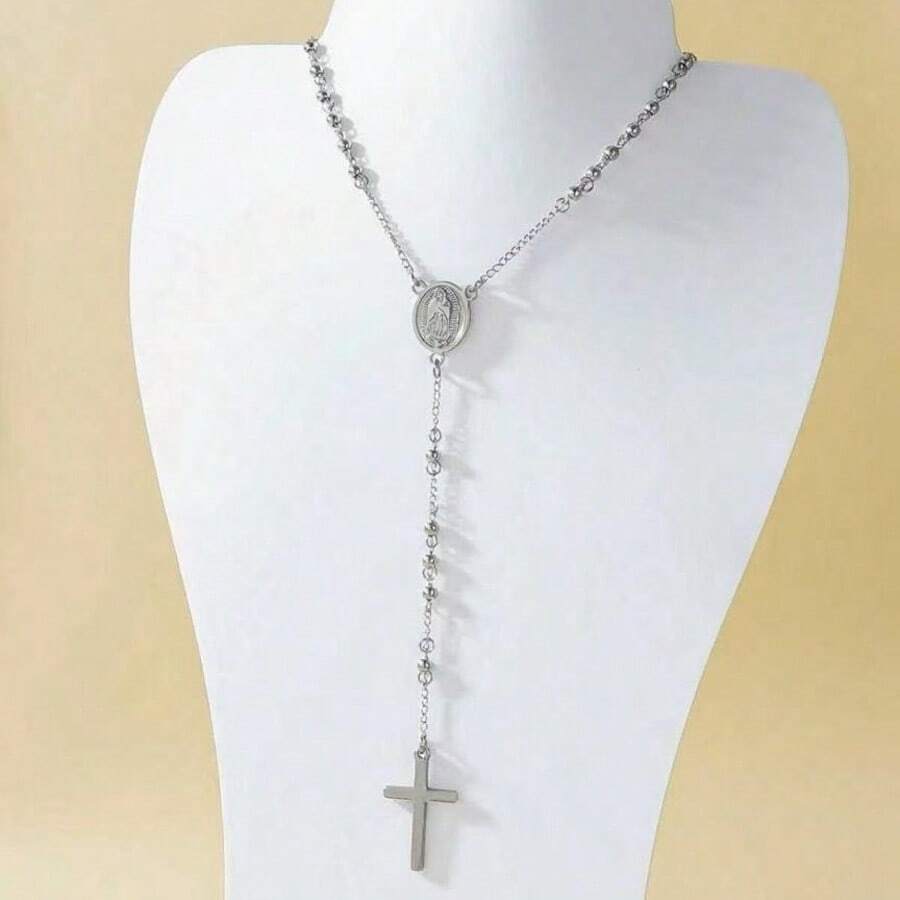 1pc Unisex Cross Pendant Necklace, Rosary Cross Y-Necklace, Fashionable Minimalist Cross Pendant Necklace, Couples Everyday Wear