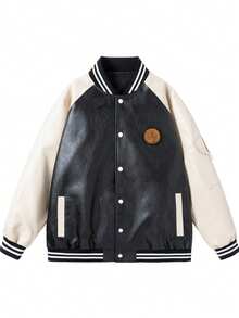 Men's Autumn PU Leather Varsity Jacket, Patchwork Color Block Flight Jacket, Casual Commuter Street Style