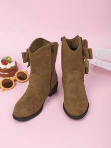 1 Paar Kinderstiefel, modische Stiefel bis zur Wade, seitlicher Reißverschluss mit Schleifen-Dekor Einfarbig Veloursleder, vielseitig für Mädchen Outdoor-Tragen im Herbst/Winter