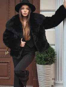 人造皮草外套，女士秋季外套，皮草大衣，女式大衣，白色，黑色，酒红色，灰色，米色，红色外套，皮草上衣，蓬松外套 - 黑色 - 查看 5